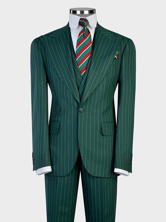 Green Stripe 3-piece single-breasted Peak Lapel suit