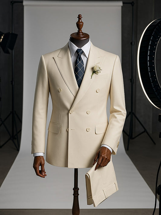 Beige 2-piece double-breasted Peak Lapel suit
