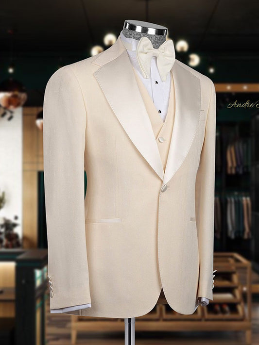 Beige 3-piece 1-button Shawl Lapel suit