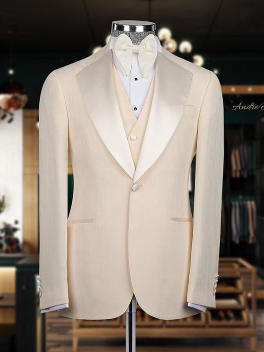 Beige 3-piece 1-button Shawl Lapel suit