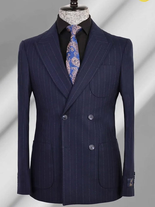 Navy Blue striped 2-piece double-breasted Peak Lapel suit