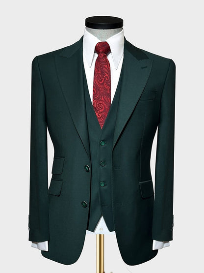 Dark green 3-piece single-breasted Peak Lapel suit