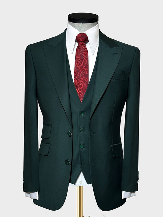 Dark green 3-piece single-breasted Peak Lapel suit