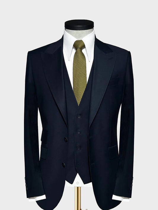 Dark blue 3-piece single-breasted Peak Lapel suit