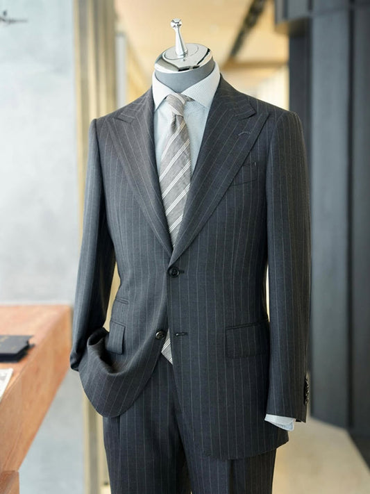 Grey Striped 2-piece single-breasted Peak Lapel suit