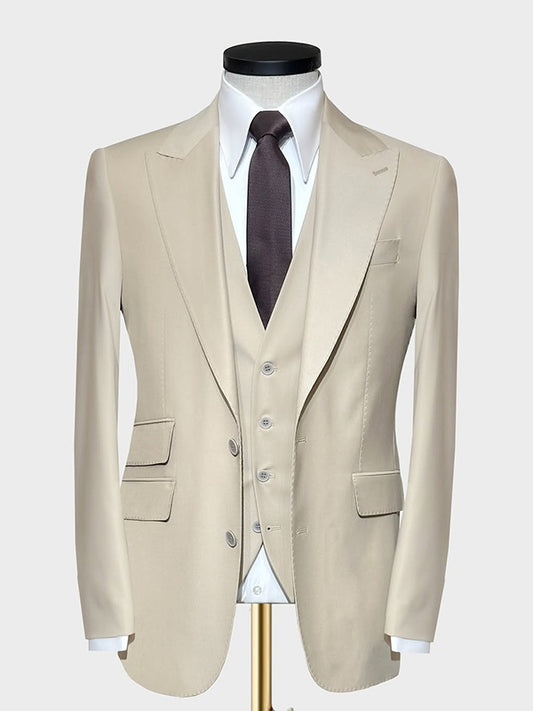 Beige 3-piece single-breasted Peak Lapel suit