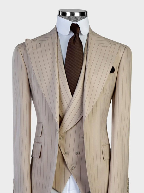 Khaki striped 3-piece single breasted Peak Lapel suit