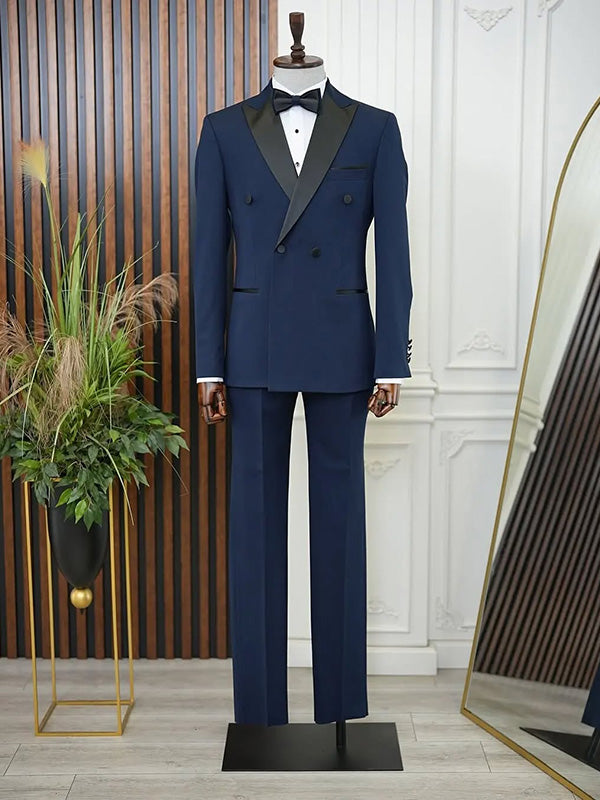 Navy blue 2-piece double-breasted Peak Lapel suit