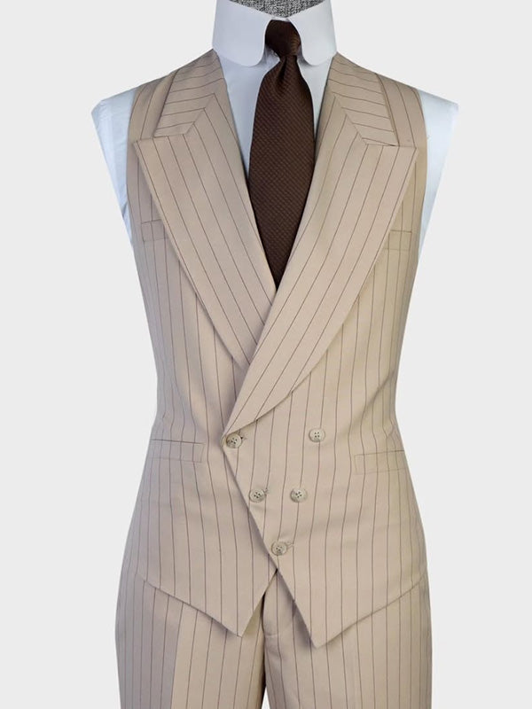 Khaki striped 3-piece single breasted Peak Lapel suit