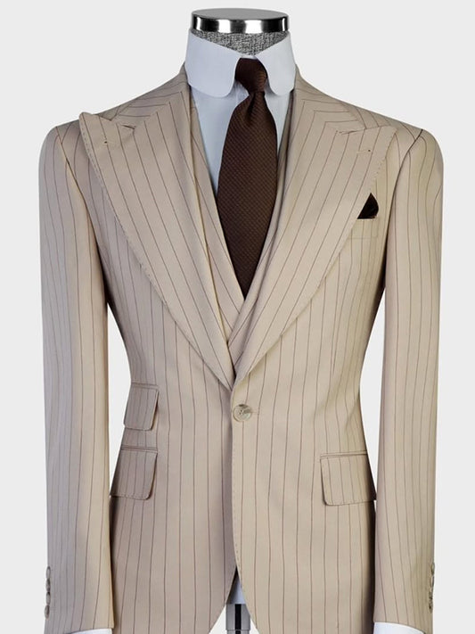 Khaki striped 3-piece single breasted Peak Lapel suit