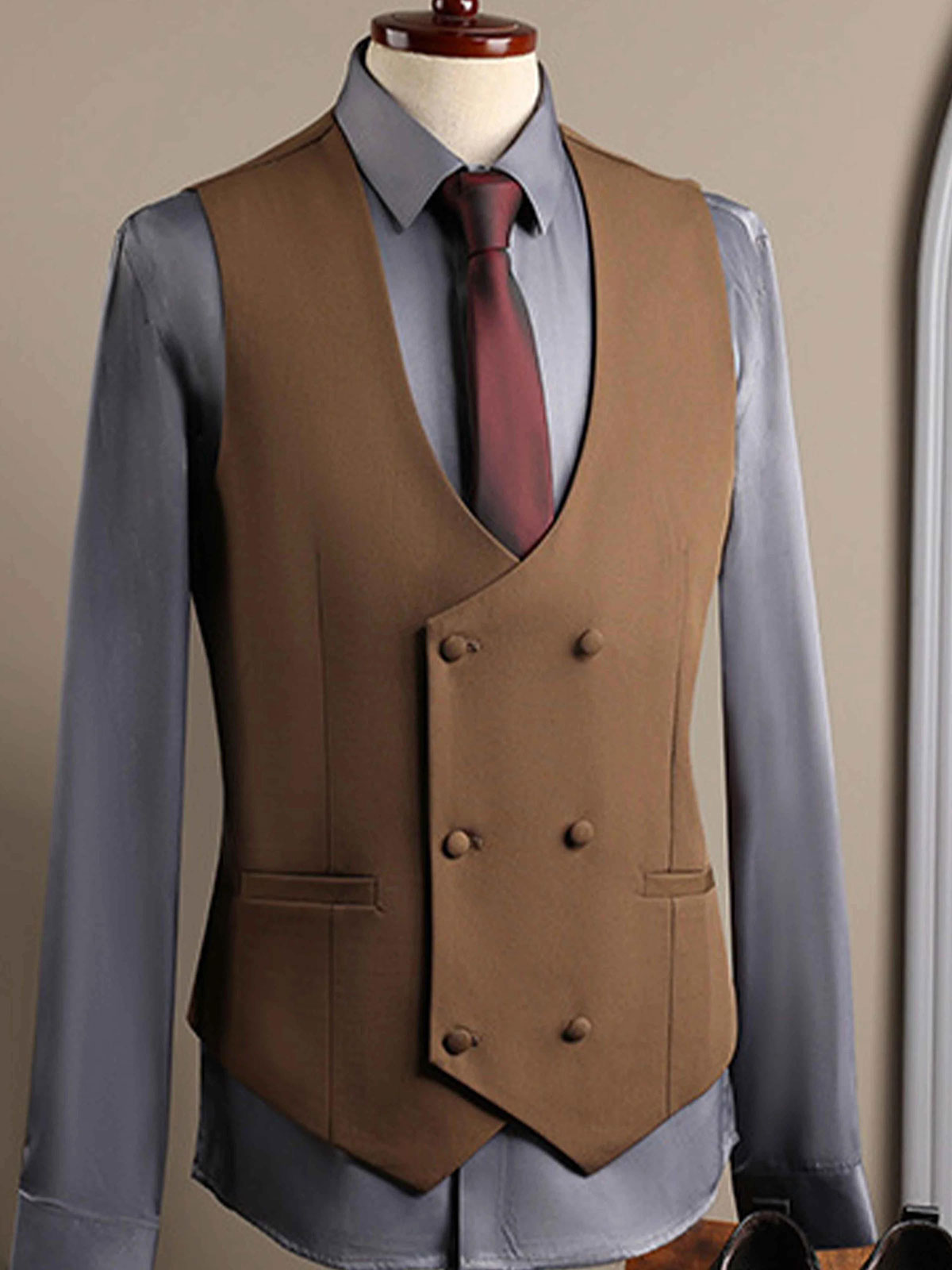 Brown 3 Piece Double Breasted Notch Lapel Suit