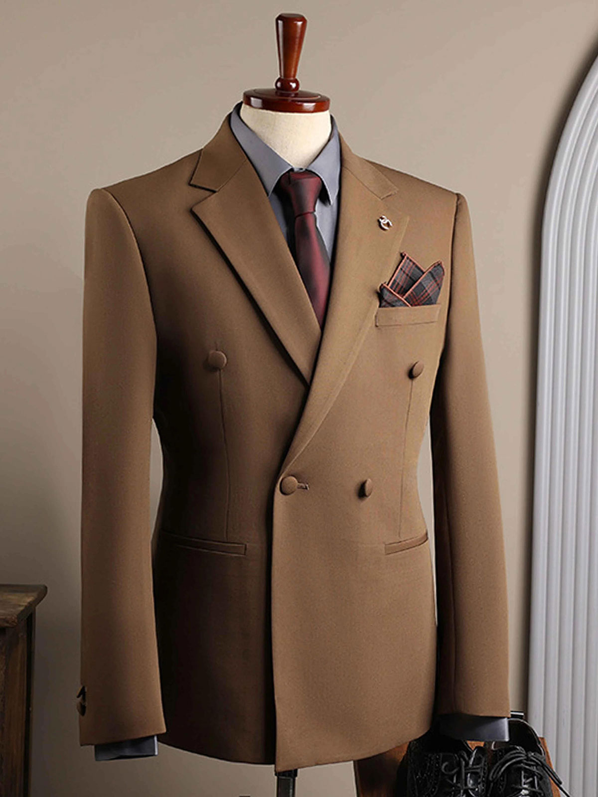 Brown 3 Piece Double Breasted Notch Lapel Suit