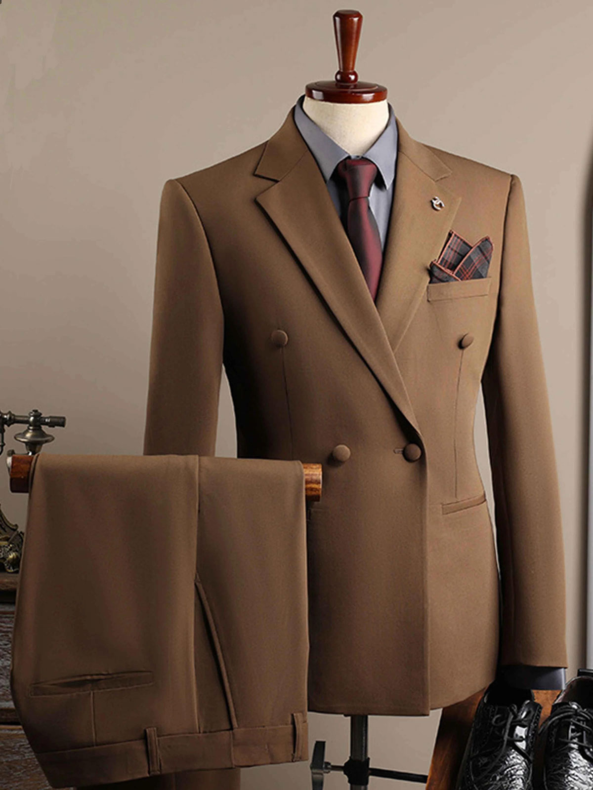 Brown 3 Piece Double Breasted Notch Lapel Suit