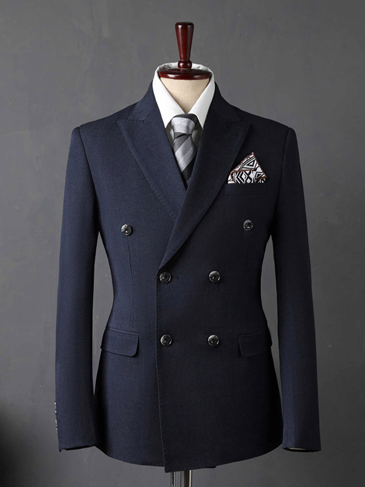Navy blue 3-piece double-breasted Peak Lapel suit