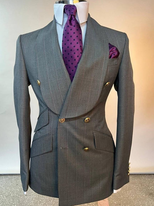 Dark grey plaid 2-piece double-breasted Shawl Lapel suit