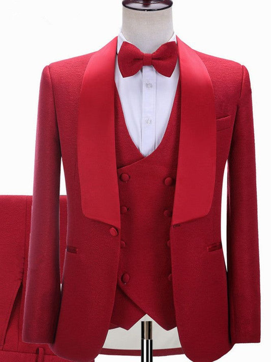 Men’s Red Jacquard Prom Suit – Slim Fit Luxury Shawl Lapel Tuxedo