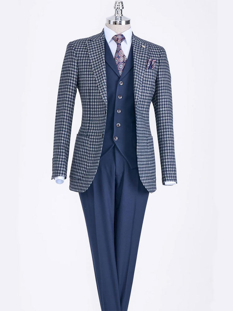 Men's Houndstooth Notch Lapel 3-piece Suit