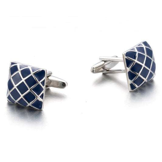 High-Quality Blue Enamel Checkered Cufflinks