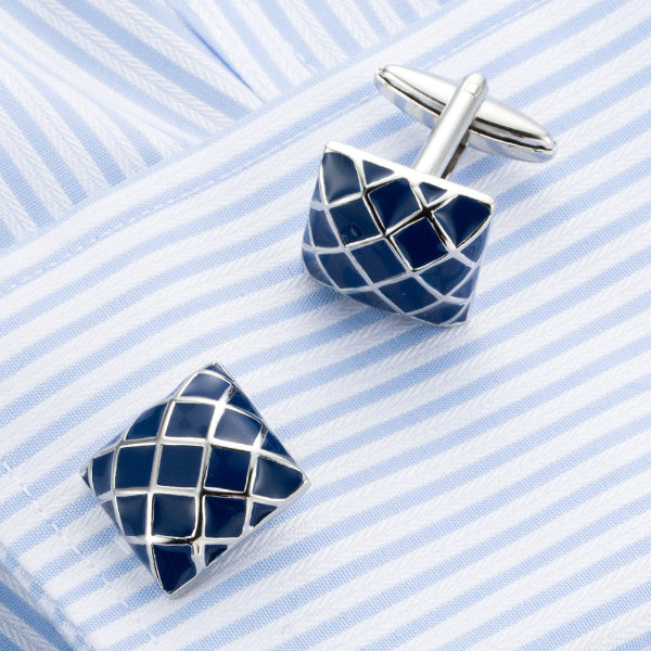 High-Quality Blue Enamel Checkered Cufflinks
