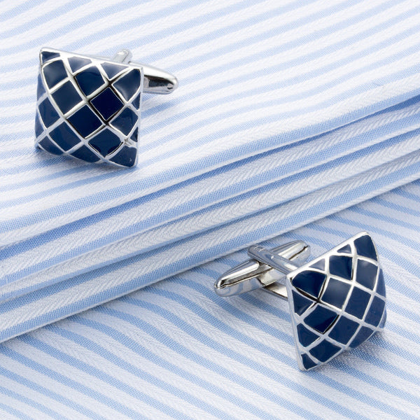 High-Quality Blue Enamel Checkered Cufflinks