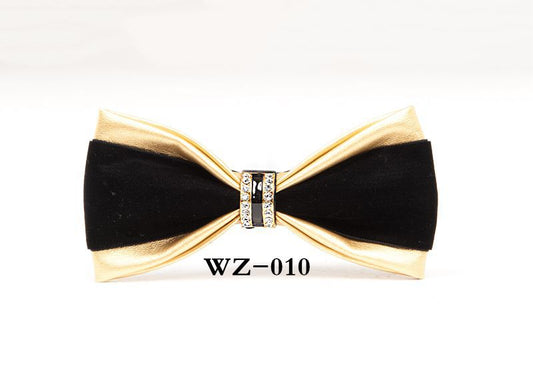 Men’s British Style Champagne PU Leather Rhinestone Bow Tie