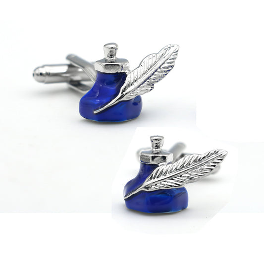 Men’s Brass Blue Feather Ink Bottle Cufflinks