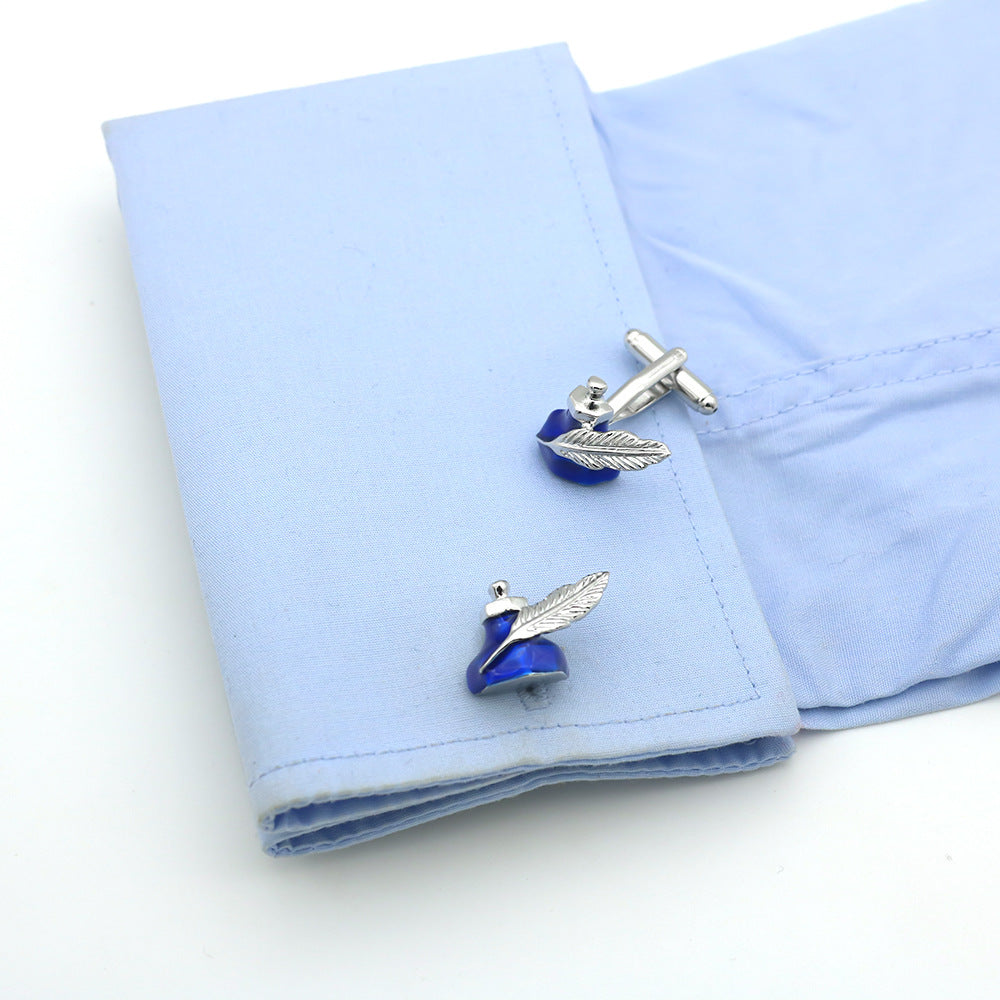 Men’s Brass Blue Feather Ink Bottle Cufflinks