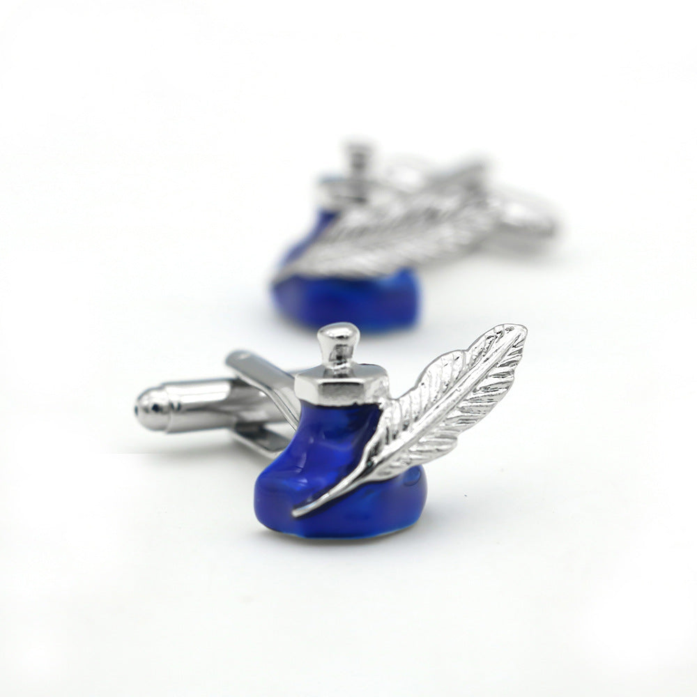 Men’s Brass Blue Feather Ink Bottle Cufflinks
