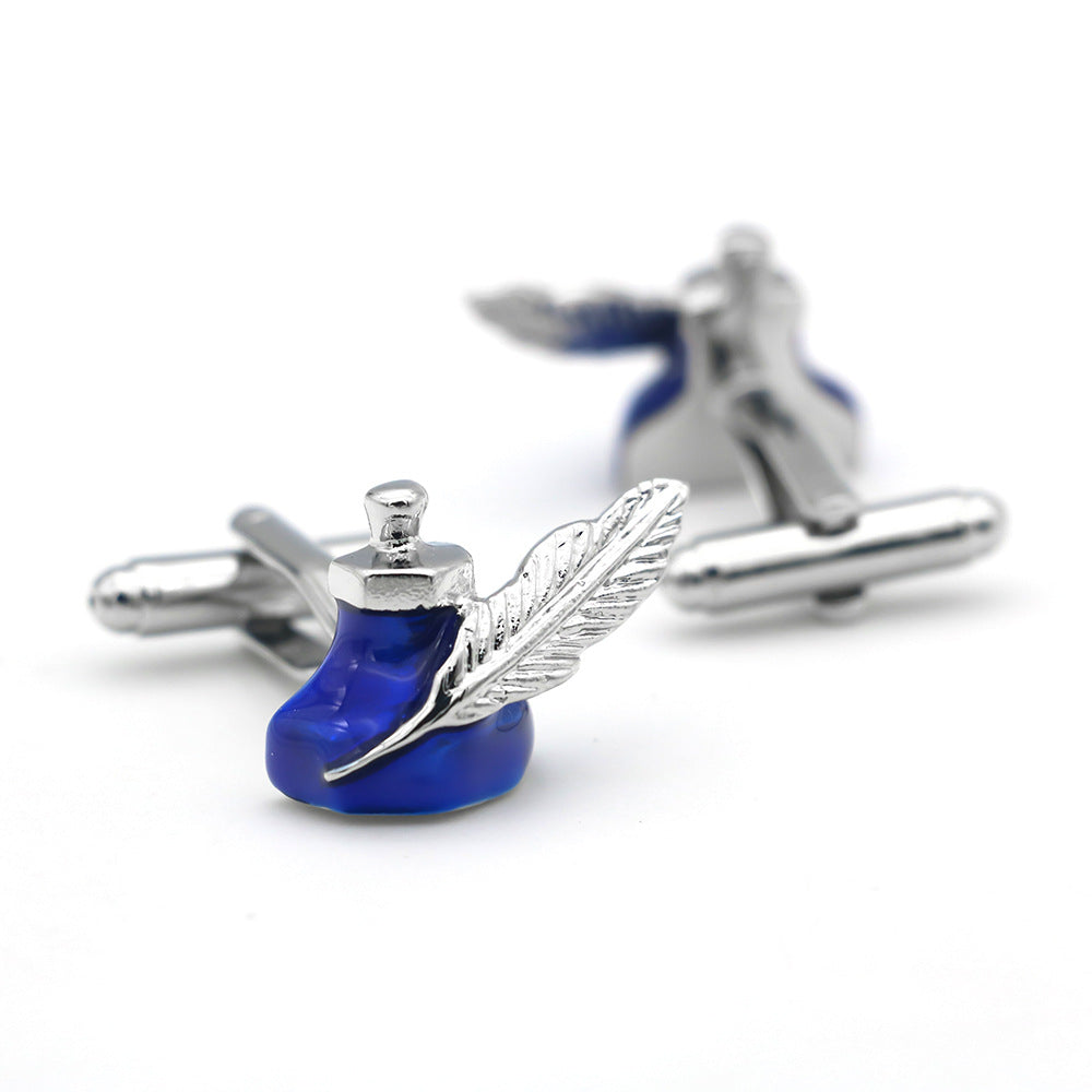 Men’s Brass Blue Feather Ink Bottle Cufflinks