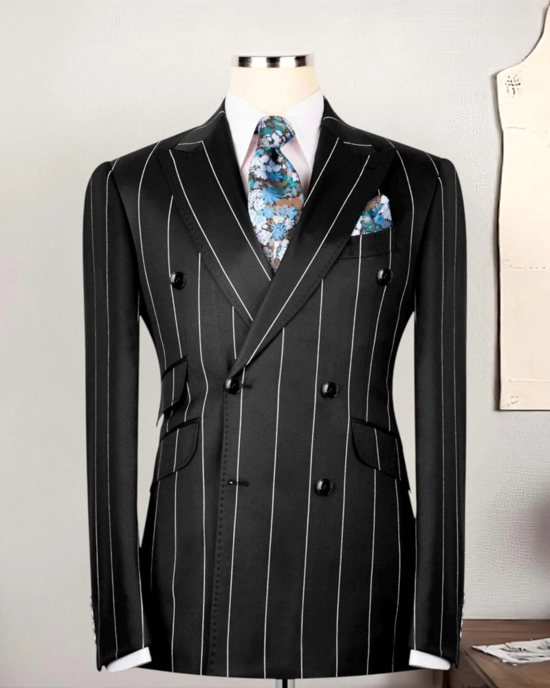 Black Striped Double-Breasted Peak Lapel 2-Piece Suit