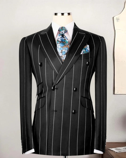 Black Striped Double-Breasted Peak Lapel 2-Piece Suit