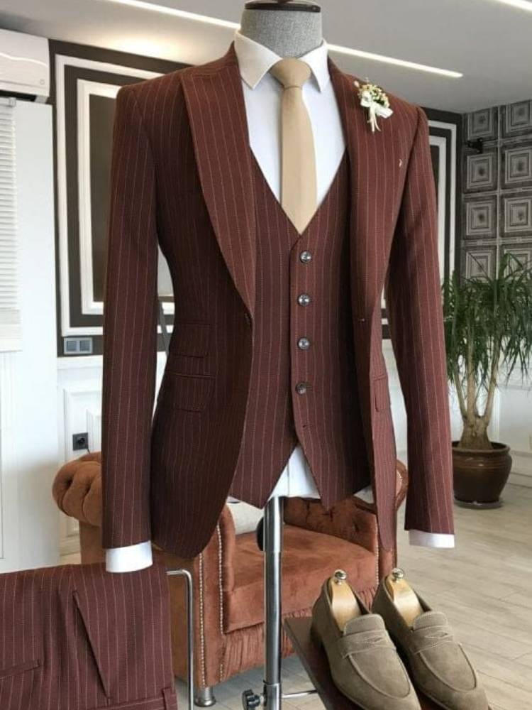 Brown striped 3-piece 1-button peak lapel suit