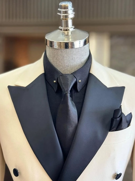 Beige 2-piece Double-breasted Peak Lapel suit