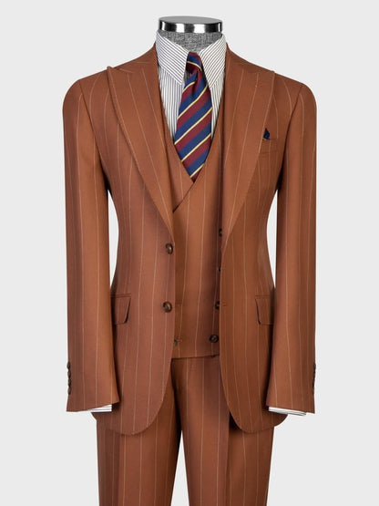 Brown striped 3-piece Single-breasted Peak Lapel suit