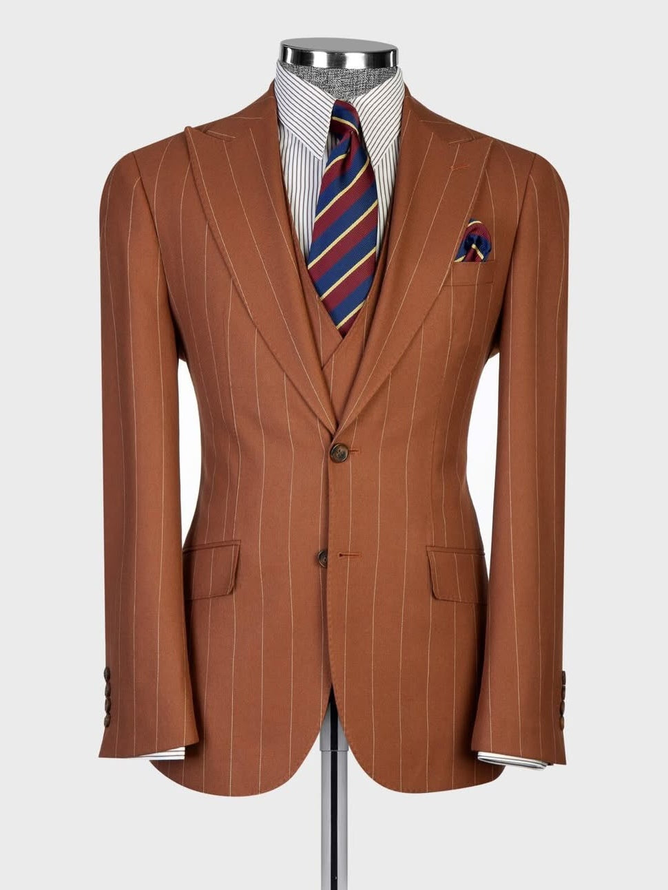 Brown striped 3-piece Single-breasted Peak Lapel suit