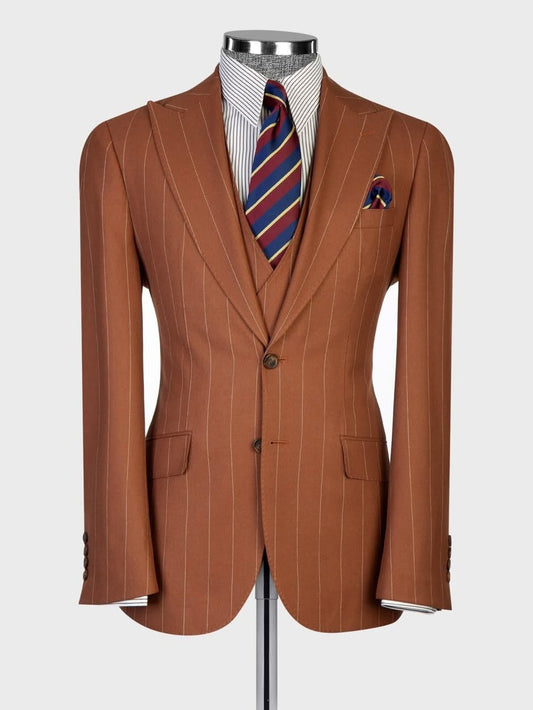 Brown striped 3-piece Single-breasted Peak Lapel suit