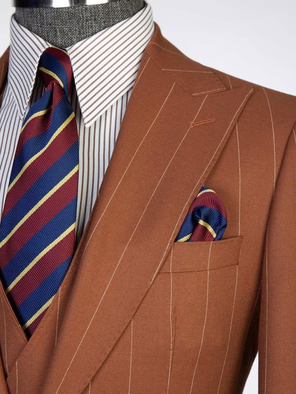 Brown striped 3-piece Single-breasted Peak Lapel suit
