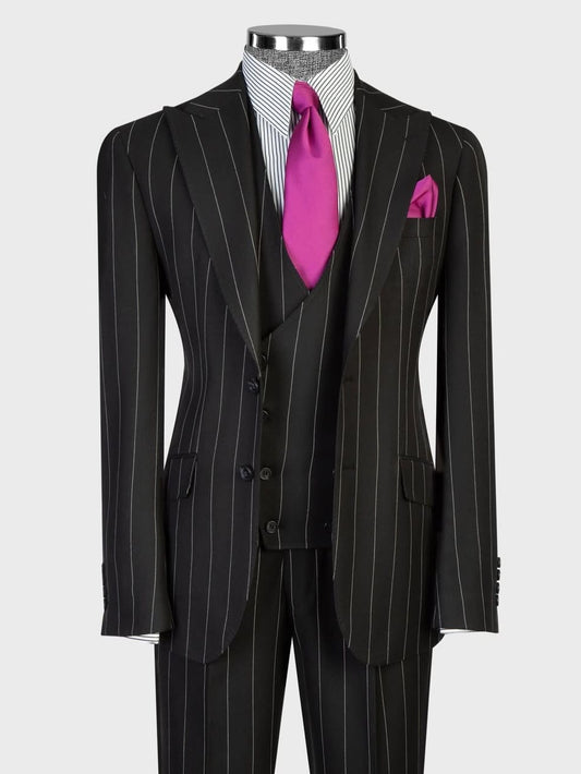 Black Striped 3 Piece 2 Button Peak Lapel suit