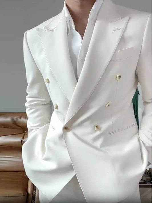 Pure White 2 Piece Double Breasted Peak Lapel Wedding Suit
