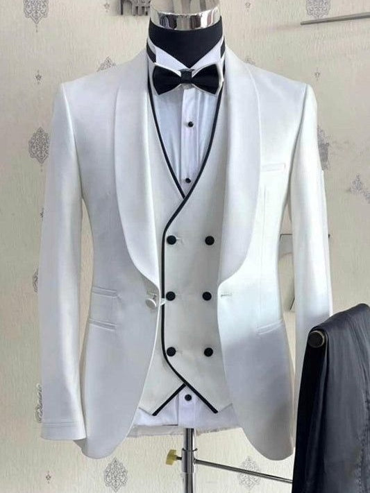 White 3-Piece Single-Breasted Shawl Lapel Suit
