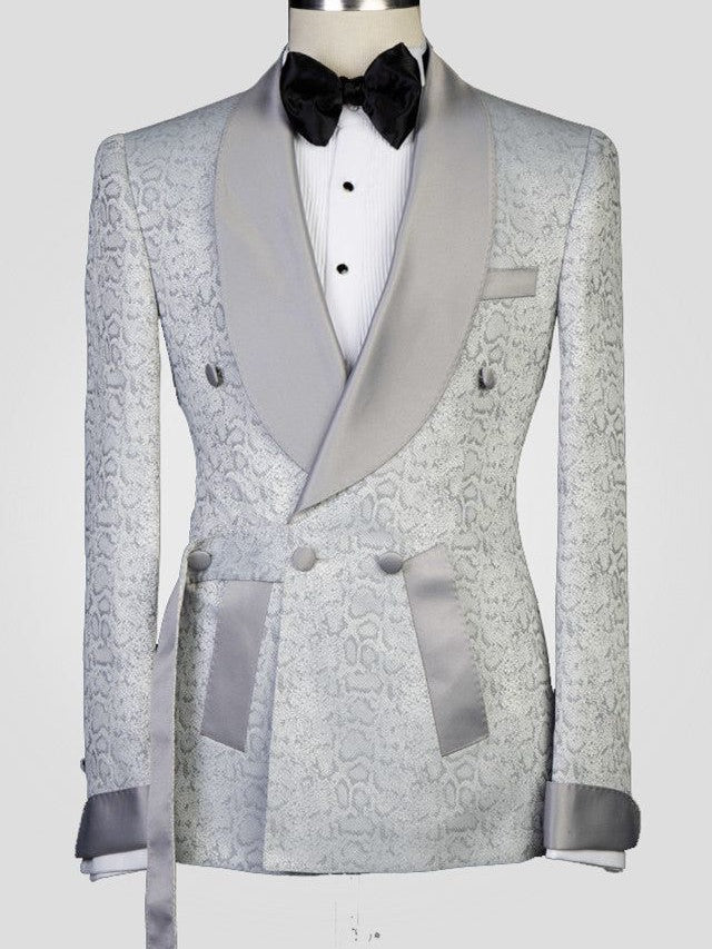 Silver Jacquard 2-Piece Double-Breasted Shawl Lapel Suit