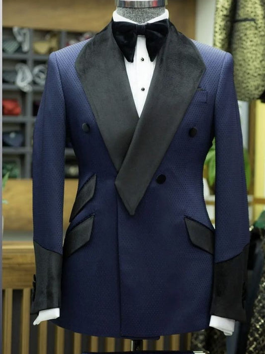 Dark Blue 2-Piece Double-Breasted Shawl Lapel Prom & Wedding Suit