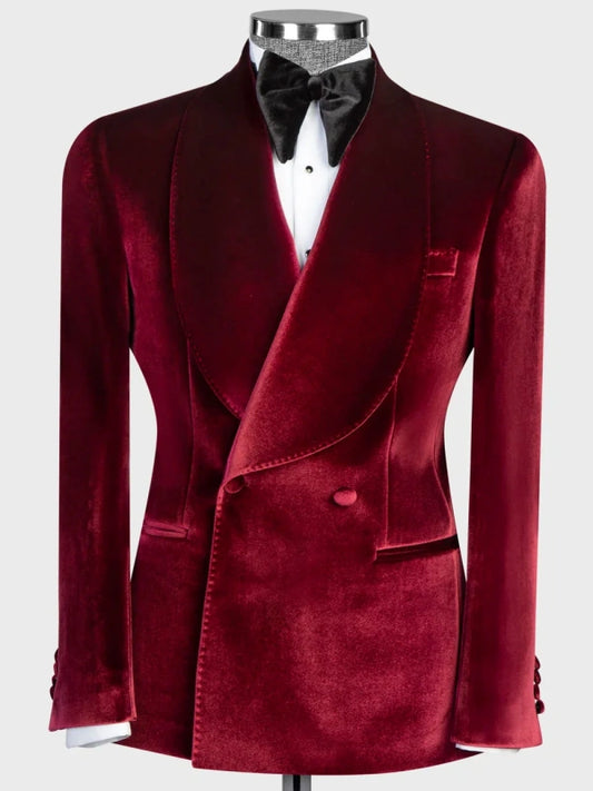 Burgundy Velvet Double-Breasted Shawl Lapel Tuxedo Suit