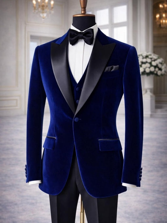 Blue Single-button Peak Lapel 3-Piece Slim Suit