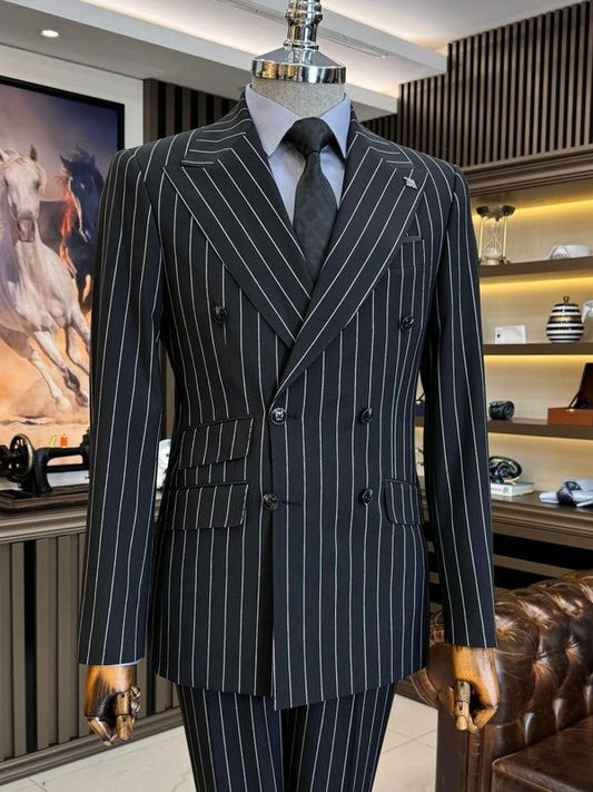 Men’s Double-Breasted Pinstripe Slim Fit Business Suit