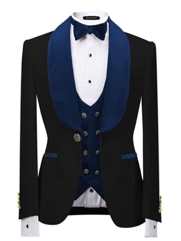 Men’s Black & Royal Blue 3-Piece Tuxedo Suit – Shawl Lapel Slim Fit Formal Set