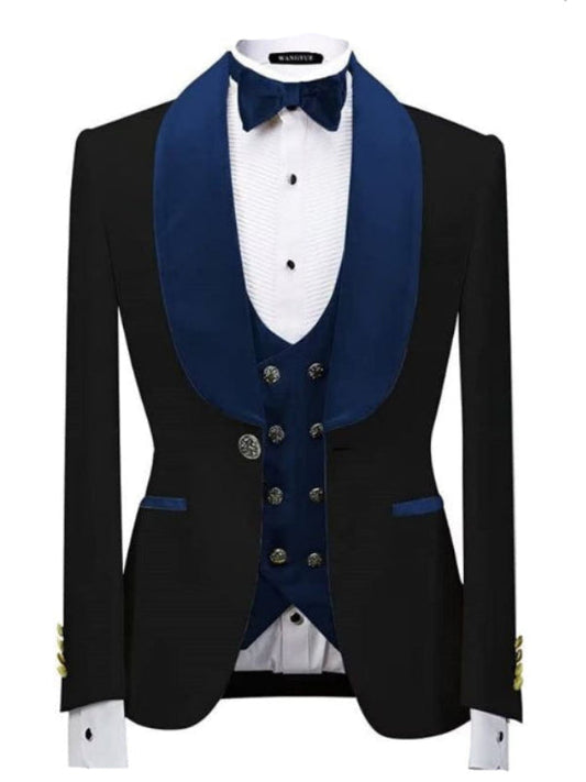 Men’s Black & Royal Blue 3-Piece Tuxedo Suit – Shawl Lapel Slim Fit Formal Set