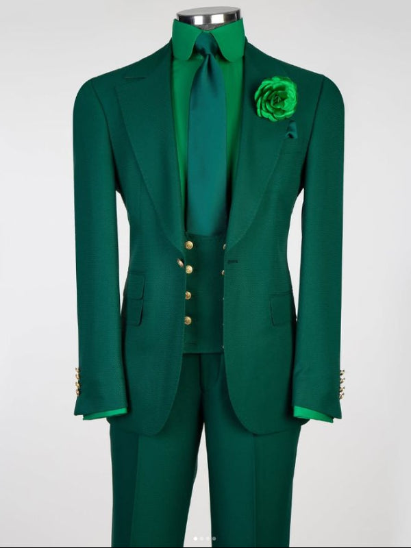 Green 3-Piece Double-Breasted Peak Lapel Prom Slim Suit