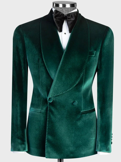 Green Velvet Double-Breasted Shawl Lapel Tuxedo Suit