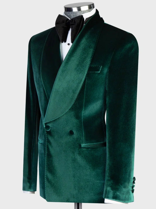 Green Velvet Double-Breasted Shawl Lapel Tuxedo Suit